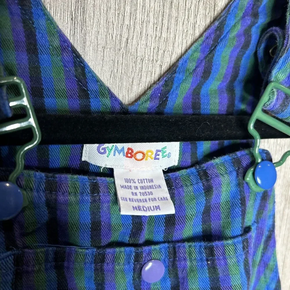 Vintage Gymboree Overalls Rainbow Tag Plaid Size M 2T - 3T Blue Green